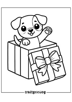 a coloring page with a dog holding a gift box