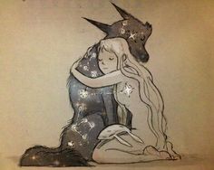 a drawing of a woman hugging a man in front of a wall with stars on it