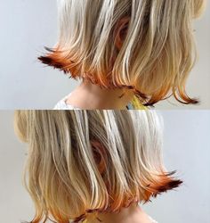 Orange Streaks In Blonde Hair, Orange Raccoon Tail Hair, Cool Medium Blonde Hair, Blonde Hair Colored Tips, Fox Dyed Hair Ends, Fox Tail Hair Color, Fox Color Hair, Fox Dyed Hair, Ginger And White Hair