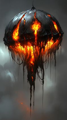 a strange looking structure with flames coming out of it's sides and the sky in the background