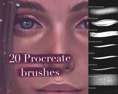 the cover of 20 procreate brushes is shown in black and white, with an image of a woman's face