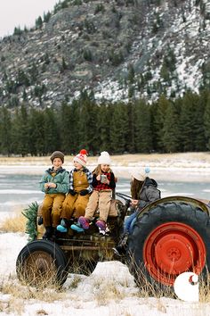 four people are sitting on the back of a tractor with trees and mountains in the background