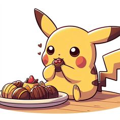 a cartoon pikachu sitting next to a plate of food with chocolate cake on it