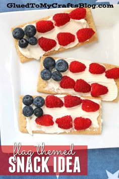 patriotic dessert on a white plate with blueberries and raspberries