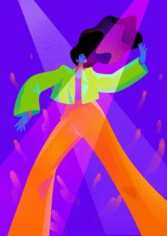 an illustration of a woman dancing with her arms outstretched in front of purple and orange lights