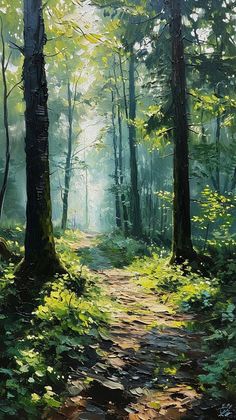 an oil painting of a path in the woods with sun shining through trees and leaves