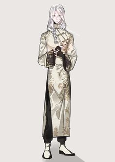 an anime character with white hair wearing a long coat and black pants, standing in front of