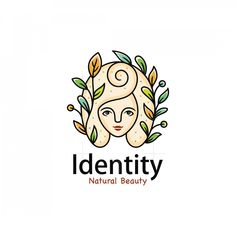 the identity logo for natural beauty is an illustration of a woman's face with leaves around her head