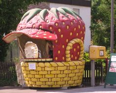 there is a giant strawberry shaped building on the street