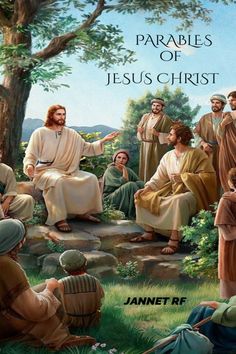 an image of the bible with jesus and other people sitting around him in front of trees