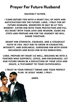 Seeking a godly man? Discover powerful prayers for your future husband and trust in God’s plan for your relationships. These prayers will guide you in finding a loving, godly partner. #PrayerForFutureHusband #GodlyMan #ChristianPrayer #FindLove #PrayerForRelationships New Year Prayer For Husband, Finding A Godly Husband, Characteristics Of A Godly Husband, For My Future Husband, Prayers For Future Husband Journal, Man Of God Future Husband, Prayer For A Husband Godly Man, Future Husband Goals, How To Pray For Your Future Husband