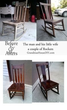 two wooden rocking chairs sitting next to each other in front of a garage with the caption before and after