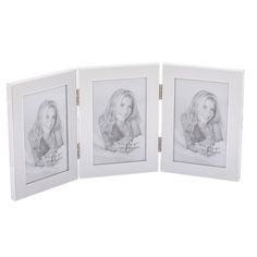 three white frames with two pictures on the front and one in the back, each displaying a woman's face