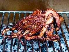 octopus legs cooking on an outdoor grill