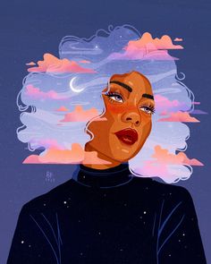 an illustration of a woman's face with clouds in the background