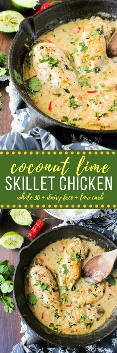 coconut lime skillet chicken in a cast iron skillet