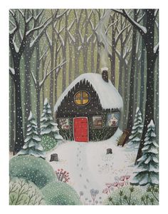 a painting of a small cabin in the woods with snow on the ground and trees around it