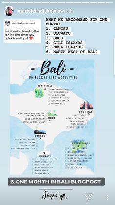 an info sheet with the words bali and one month in bali blog postcard