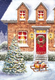 a painting of a house with a christmas tree in the front yard and presents outside