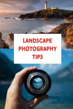 a person holding up a camera with the words landscape photography tips on it in front of them