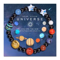 the solar system bracelet is shown with planets and stars in front of an image that says, you are the sun do the planets orbit around you