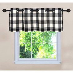 black and white checkered window valance with metal rod ends