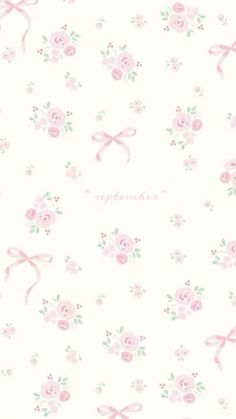 a white background with pink flowers and bows