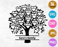 family tree with hearts and names cut file for silhouette, svg or png