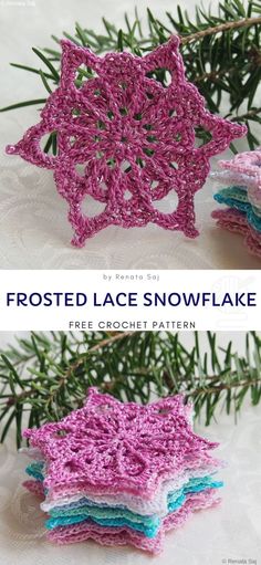 crocheted snowflake is shown with text that reads frosted lace snowflake free crochet pattern