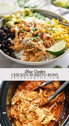 slow cooker chicken burrito bowl with black beans, corn and avocado