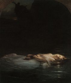 a painting of a woman laying in the water with her head down and another person standing nearby