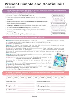 a printable worksheet for children's english speaking and writing skills, with the words present simple and continuous