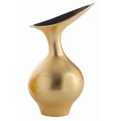 a gold vase with black top on a white background