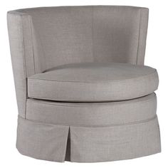 a grey chair with a pleaed skirt on the bottom and an oval backrest