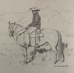 a drawing of a man riding on the back of a brown horse in a field