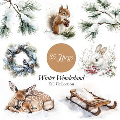 Woodland Winter, Woodland Watercolor, Winter Png, Watercolor Winter, Plain Background, Winter Clipart, Winter Woodland, Plains Background, Winter Animals