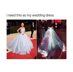 a woman in a white dress standing on a red carpet next to an image of a gown