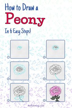 6 drawings demonstrating how to draw a how to draw peony for kids. Draw Peony, Peony Flower Drawing, Draw A Peony, Peonies Drawing, Peony Drawing