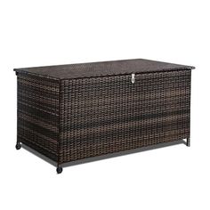 an outdoor wicker chest with wheels on the top and bottom, sitting against a white background