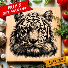 a wooden cutting board with an image of a tiger's face on it, surrounded by vegetables and herbs