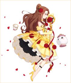 a woman in a yellow dress is holding a rose and a white cat next to her