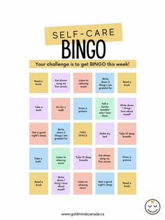 Activities For Self Care, Self Care Classroom Activities, Work From Home Self Care, Bingo Self Care, Self Care Event Ideas, Glow Up Bingo, Self Love Bingo, Self Care Games, Self Care Activities For Groups