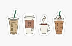 four different types of coffee stickers on a white background with the same cup as one