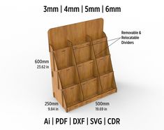 an image of a wooden display rack with six pockets and two dividers on each side