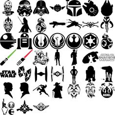 star wars silhouettes are shown in black and white, as well as the symbols for each