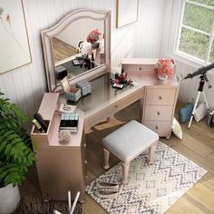 a bedroom with a vanity, stool and mirror