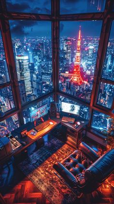 a living room filled with furniture and a view of the eiffel tower at night