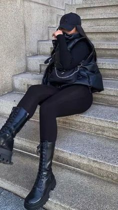 Black Leather Jacket Thigh High Boots, Amazon Black Outfits Women, Black Gucci Boots Outfit, How To Style Knee High Boots Winter, All Black Thigh High Boots Outfit, Fall Outfits Black Combat Boots, All Black Outfit For Winter, Black Boots For Fall, Female Boots Outfit