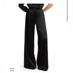 Michael Michael Kors Wide Leg Satin Pants - Black Center Front Zipper Closure Wide Leg Silhouette Dry Clean Black Silk Wide Leg Bottoms, Black Silk Wide-leg Pants, Silk High-waisted Pants For Evening, Chic High-waist Silk Pants, Chic Silk Pants For Night Out, Sleek Silk Party Pants, High Waist Silk Wide Leg Pants For Work, Elegant Silk Bottoms For Date Night, Black Wide-leg Pantsuit For Formal Occasions