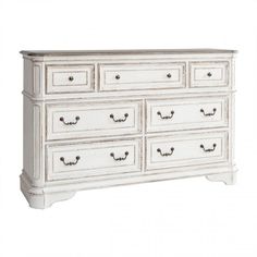 an old white dresser with drawers and knobs on the bottom drawer, against a white background